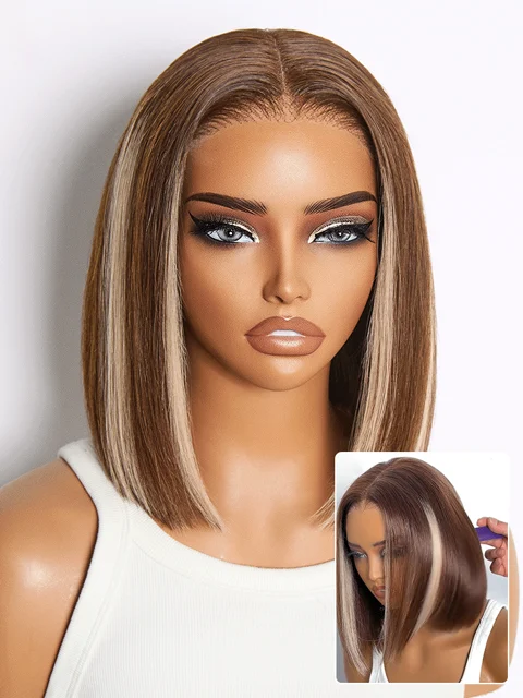 Ash Blonde Highlight Glueless 5x5 HD Closure Lace Bob Wig Pre-Cut Lace Flexi-Fit Drawstring Cap-20