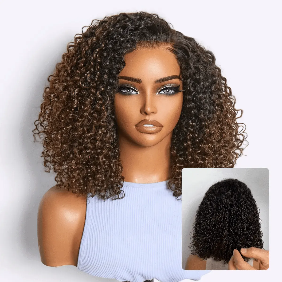 ombre brown curly HD lace wig with 5x5 glueless closure, fluffy texture, pre-cut lace, and 180% density.