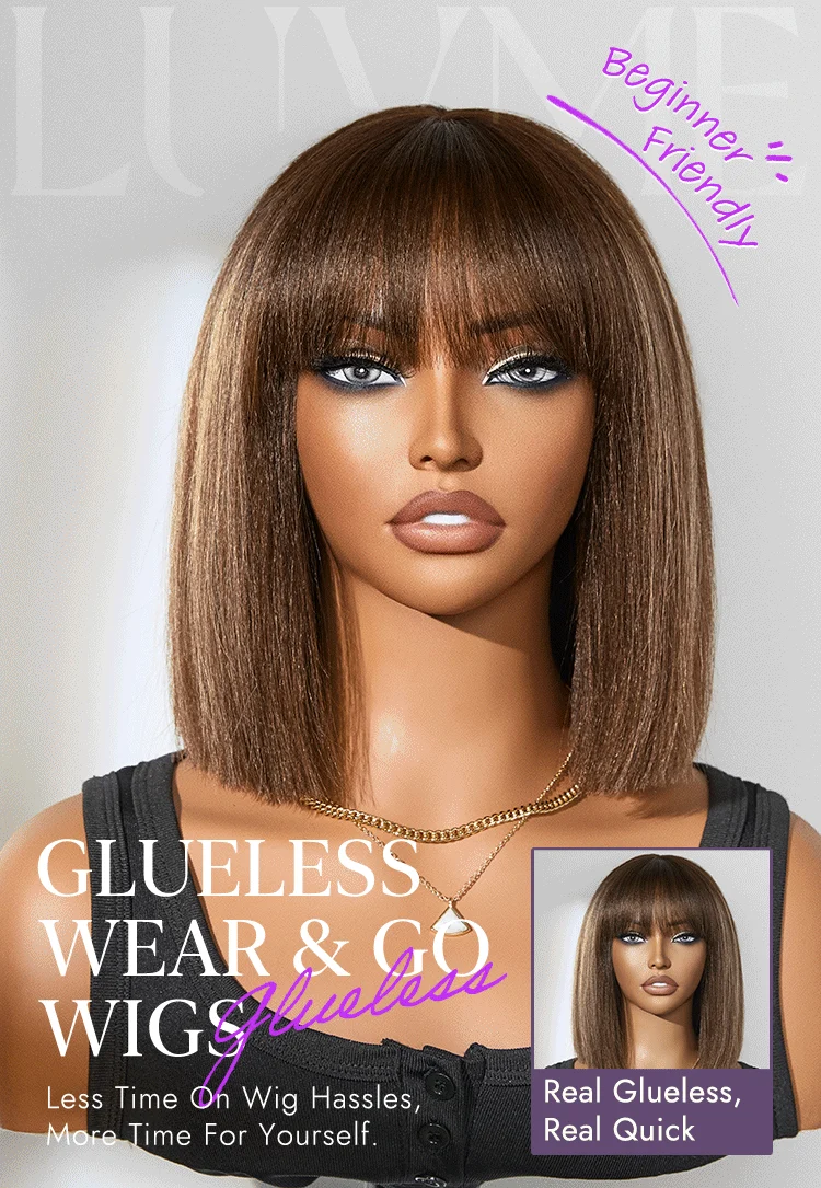 Ash Blonde Highlights Yaki Blunt Cut Bob Wig with Bangs Glueless Minimalist Lace Short Wig Breathable Cap-16