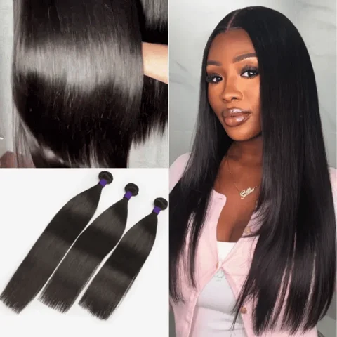 upgraded Brazilian straight or body wave 100% virgin human hair bundles, shown in natural black color.