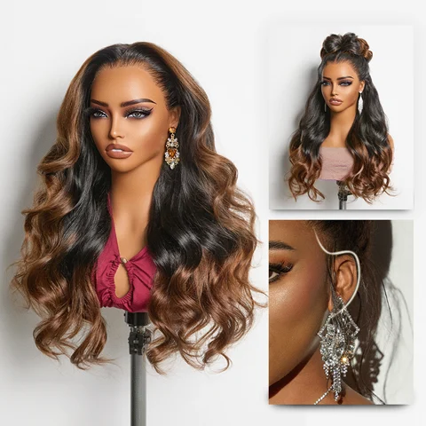 NatureMAX 200% density HD lace front wig with loose waves, ombre brown color, pre-cut lace, and adjustable drawstring cap