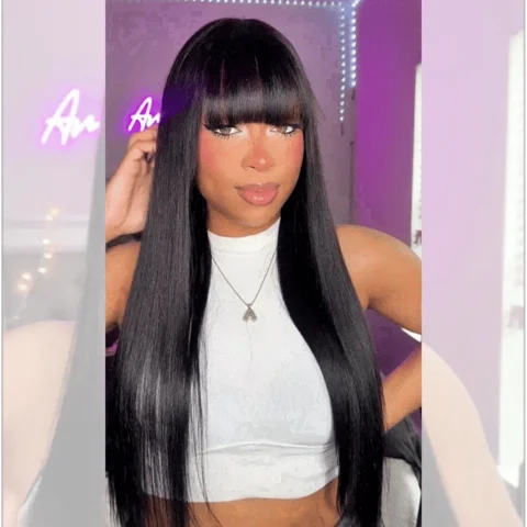 breathable minimalist lace wig with straight Yaki hair, long length, natural look, featuring bangs and lace cap construction.