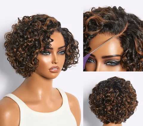 water wave pixie cut wig with natural black and brown highlights, short curly style, glueless HD lace for new customers.