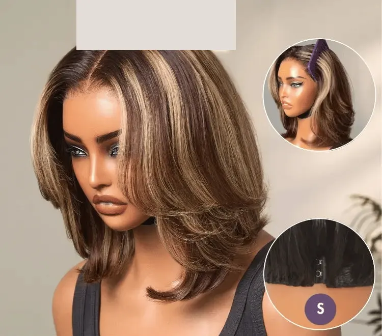 Blonde and brown highlight short layered bob wig with glueless 5x5 lace closure from .