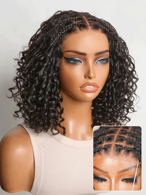 Readitress™ Boho Braids Deep Curly Glueless 5x5 Closure Lace with Braided Top Human Hair Wig Pre-Cut Lace-158