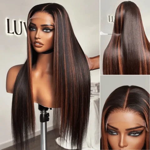Classic Copper Ombre Highlights Silky Straight Glueless 5x5 Closure Lace Wig - US Only-04
