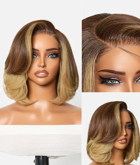 Honey blonde layered bob wig with face-framing highlights, lace closure, and blowout style from .