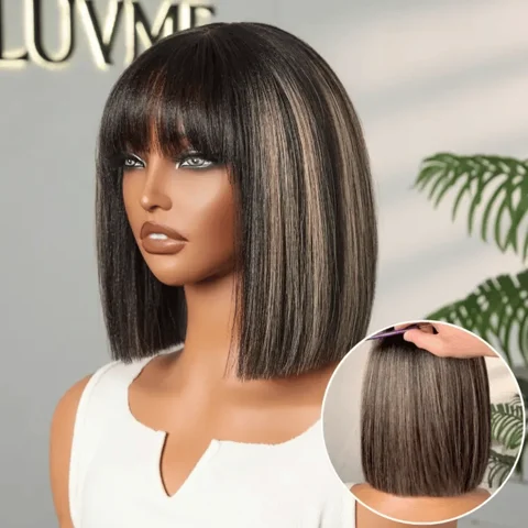 blonde highlight Yaki straight blunt cut bob wig with bangs, glueless lace short wig for a stylish, easy-to-wear look