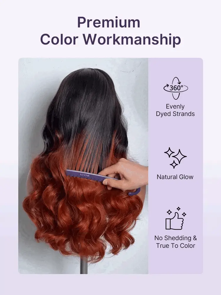 Ombre Reddish Brown Loose Wave Glueless 5x5 Closure Lace Wig with Bangs Pre-Cut Lace-12