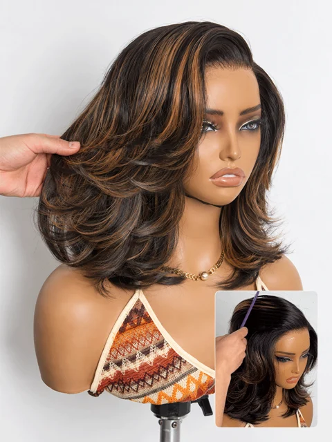 Brown Highlight Layered Wavy Butterfly Haircut Glueless Minimalist HD Lace Wig Pre-Cut Lace-13