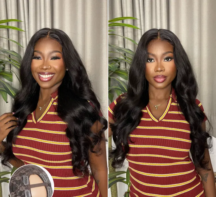 human hair U part wig with body wave, straight, kinky, and deep wave textures, featuring natural hair color and styling.