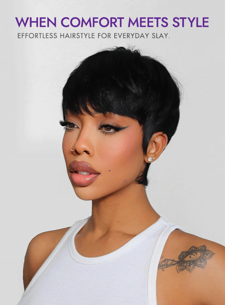 New Customers Only | Throw On & Go Short Cut with Bangs Wig Ultra Comfort Cotton Cap Glueless Wig Hair Loss Friendly - US Only-20