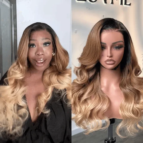 PreMax 13x4 frontal lace blonde wig with loose waves and ombre color, glueless, pre-cut lace for a seamless look