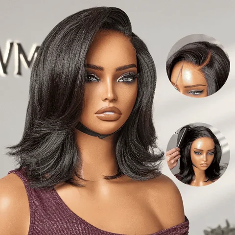 natural look yaki texture layered bangs bob wig with glueless HD lace, human hair, pre-cut lace for a minimalist style