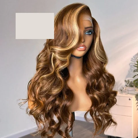 Golden blonde and natural black loose body wave 13x4 lace front wig by , showcasing natural human hair with a glueless style.