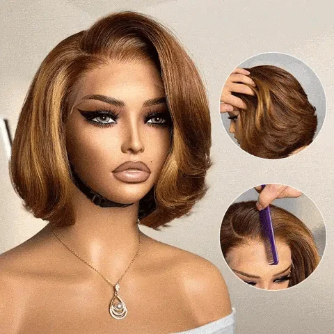 toffee brown mix blonde layered bob wig with 5x5 lace closure and pre-cut lace, all-day comfort cap, glueless style