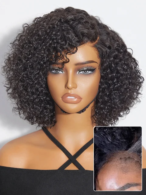 Trendy Short Cut Curly Minimalist HD Lace Glueless Side Part Wig 100% Human Hair Pre-Cut Lace-74