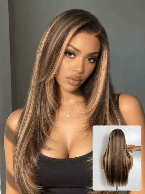 All-Day Comfort Wig 180% Density Blonde Highlight Butterfly Cut Layered Light Yaki Straight Glueless 7x6 Closure HD Lace Wig Pre-Cut Lace-56
