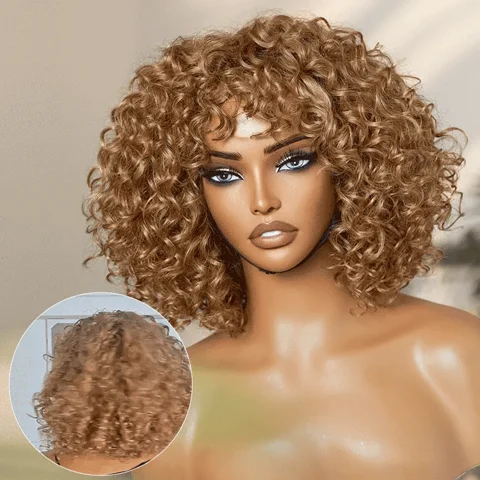 Lightweight blonde curly lace wig with bangs, water wave texture, minimal lace, short cut, by , styled naturally.