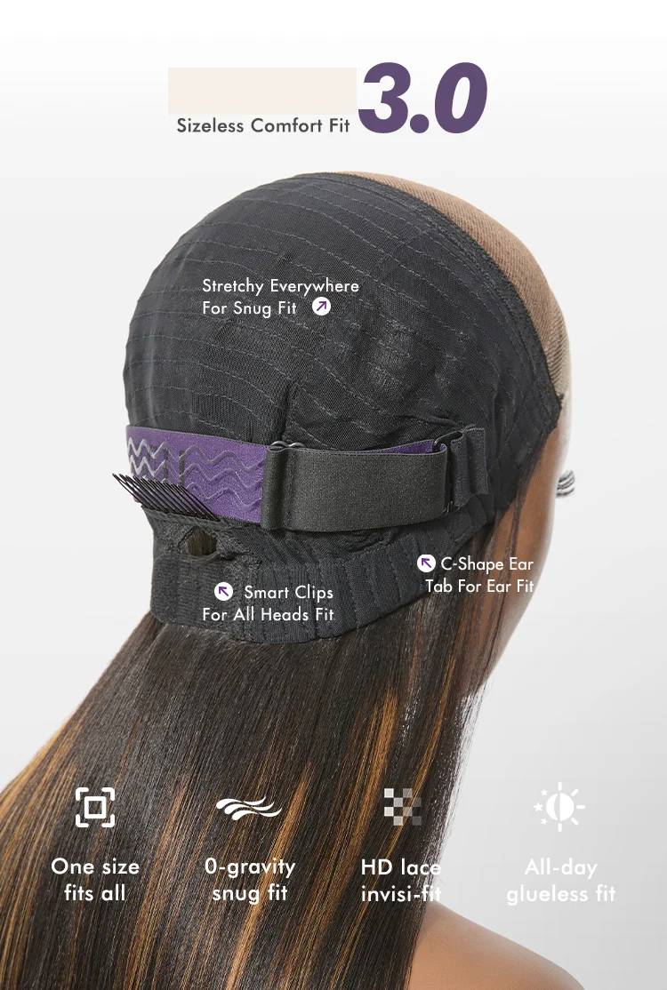 All-Day Comfort Black with Honey Blonde Highlights Yaki Straight 7x6 Closure HD Lace Glueless Wig Pre-Cut Lace