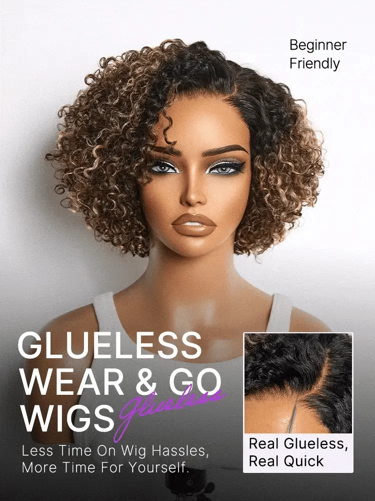 Blonde Highlight Short Cut Kinky Curly Minimalist HD Lace Glueless Wig Pre-Cut Lace-12