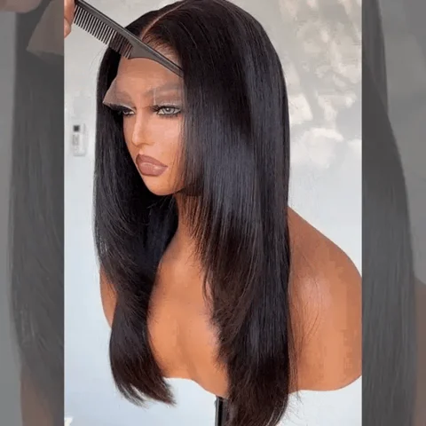 Black 180% density layered 5x5 closure lace wig with pre-plucked hairline, made by , featuring natural-looking hair and lace details.