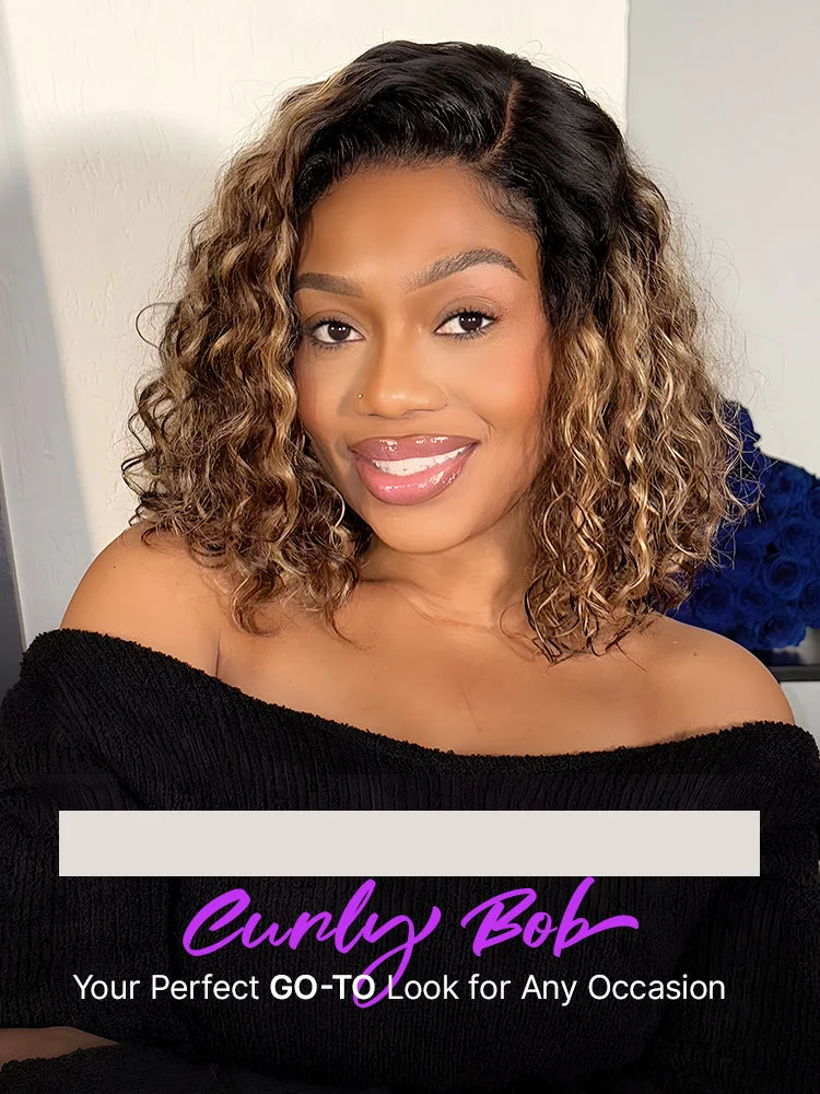 Ready to Go Blonde Highlight / Natural Black Water Wave Short Curly Bob Wig Glueless Minimalist HD Lace Wig Pre-Cut Lace-25