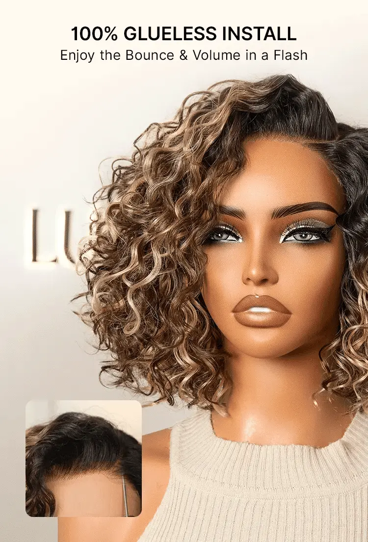 New Customers Only | Ready to Go Blonde Highlight / Natural Black Water Wave Short Curly Bob Wig Glueless Minimalist HD Lace Wig Pre-Cut Lace-25