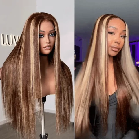 honey blonde highlight 5x5 closure wig with silky straight texture and HD lace, long, glueless, 180% density.