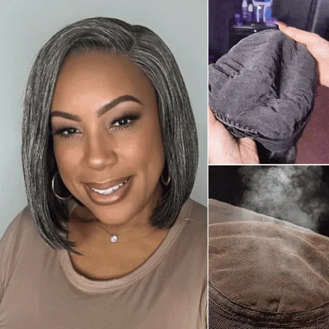 AiryFit™ Salt and Pepper HD Lace Bob Wig with pre-cut lace, minimalistic style, glueless design, scalp care focus.