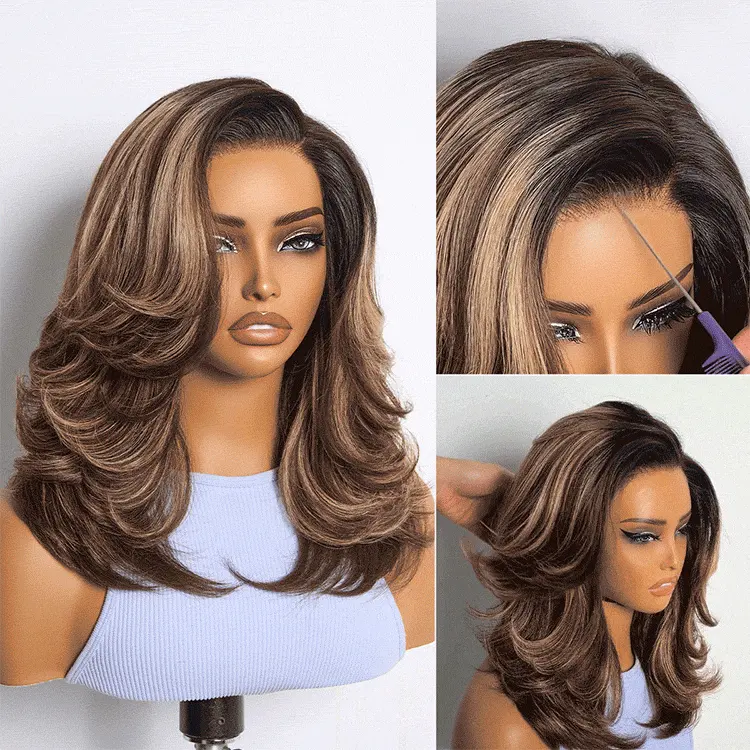 Caramel brown layered wavy lace wig by , glueless HD minimalistic design, pre-cut for a natural look
