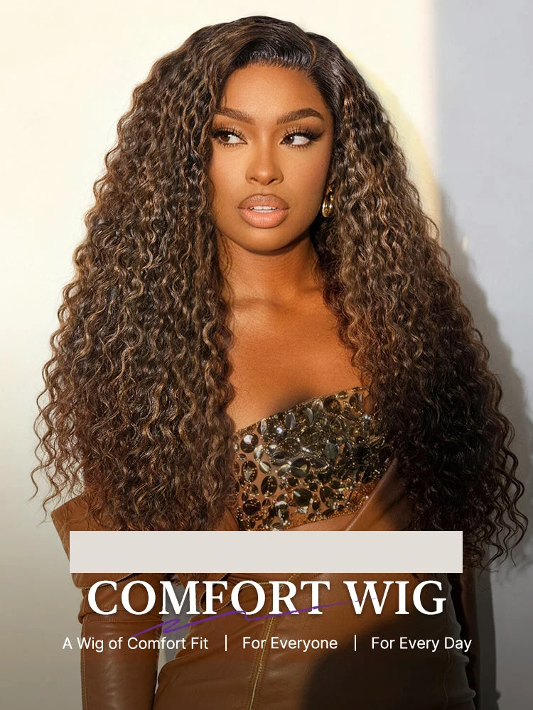 All-Day Comfort™ Wig PartingMax Brown Highlights Funmi Curly 7x6 Closure HD Lace Glueless Wig Pre Cut Lace-113