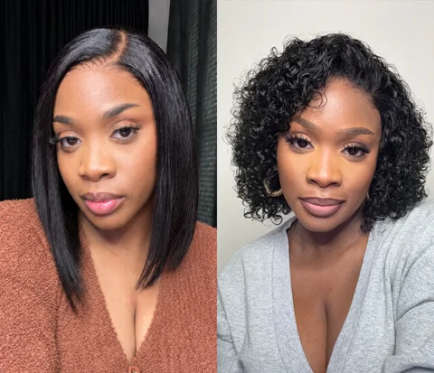 2 For $159.9 | 12 Inches Natural Black C Part  Front Bob Wig+ 10 Inches Natural Slicked Back Short Curly Wig Ear-to-ear Wide T Lace Front Wig-01