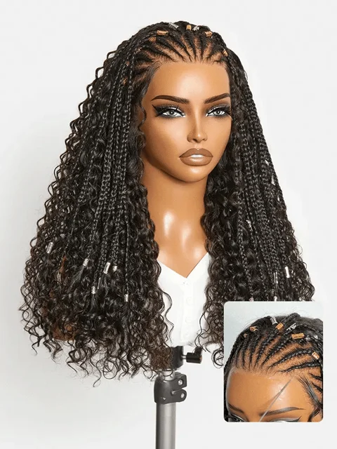 Natural black boho cornrow braids wig with 13x4 lace frontal, deep curly long wig by with pre-cut lace.