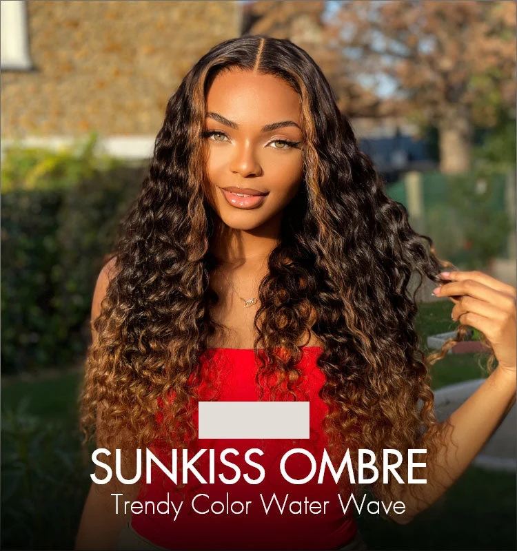 Fluffy Brown Ombre Highlights Water Wave Glueless 5x5 Closure HD Lace Long Curly Wig Breathable Cap-01