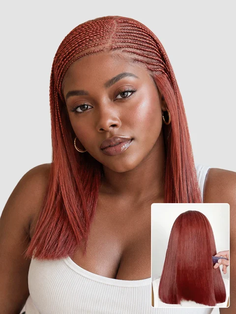Trendy Copper Red Fulani Braids Straight 13x4 Frontal Lace Bob Wig Pre-cut Lace Drawstring Cap-10