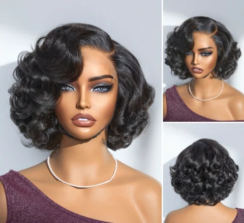 glueless HD lace wig with loose waves, black ombre highlights, natural black color, and minimalist style.