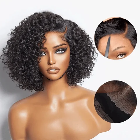 short cut curly HD lace glueless side part wig made of 100% human hair, minimalist style for new customers only.
