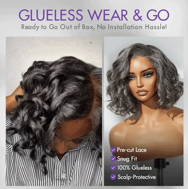 Elegant Salt & Pepper Grey Wig Loose Body Wave Glueless Minimalist Lace Short Wig Pre-Cut Lace-17