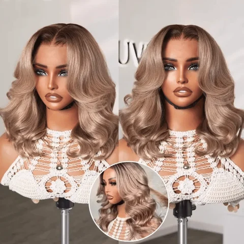Ash blonde loose body wave 5x5 closure lace wig with glueless breathable cap by , showing the wavy hair and lace closure.