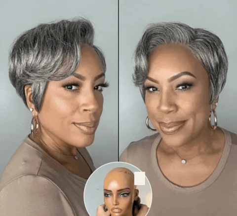 grey short pixie cut wig with glueless design, HD lace, pre-cut lace, minimalistic style for new customers only