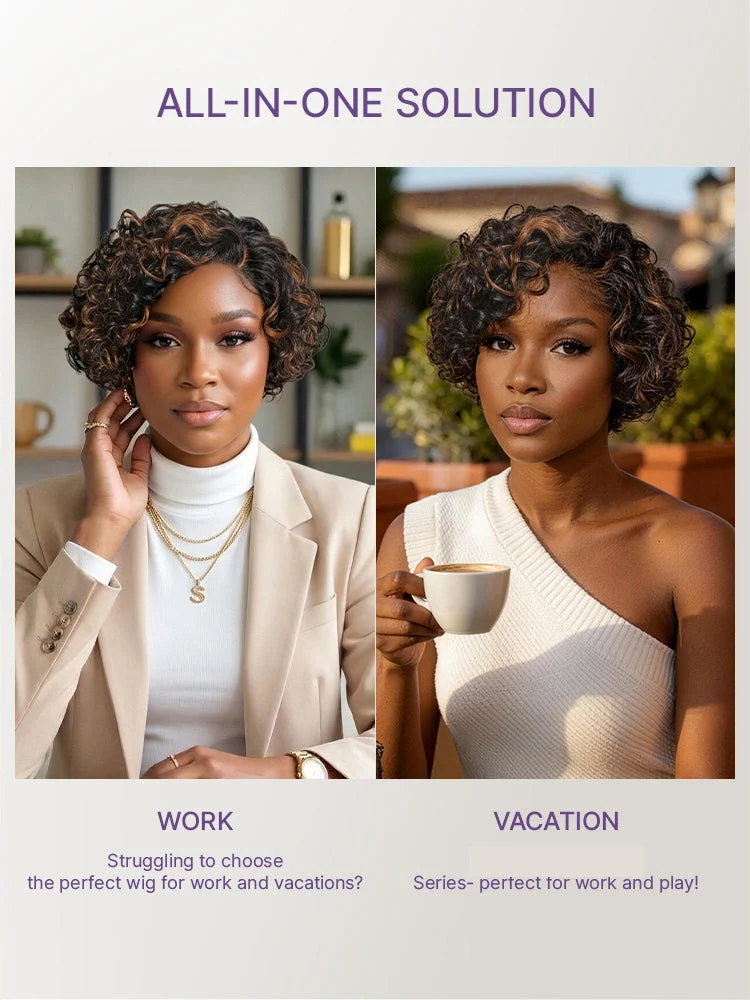 Brown Highlight Water Wave Pixie Cut Glueless Minimalist HD Lace Short Curly Wig-26