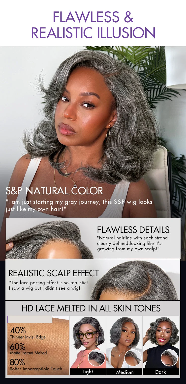Layered Blowout Salt and Pepper Glueless Grey Wig Minimalist HD Lace Shoulder Length Wavy Wig-09