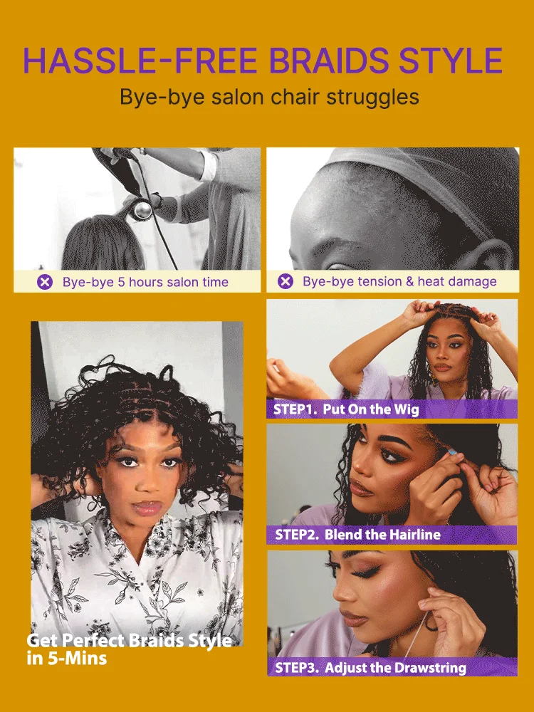 New Customers Only | HD Full Lace Knotless Boho Curls Braided Bob Wig Flexi Fit Invisi Drawstring Cap-12