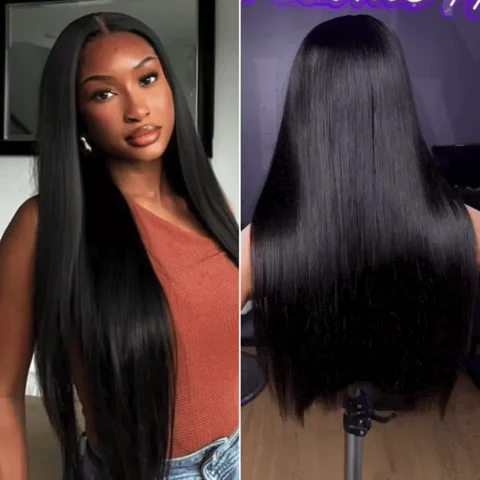 PreMax Wigs Jet Black middle part silky straight 5x5 closure lace wig with pre-cut lace and glueless design