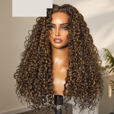 brown highlights Funmi curly 5x5 closure lace wig with long curls, glueless, beginner-friendly, suitable for US buyers.