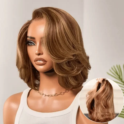 blonde layered bob wig with 5x5 lace closure, glueless design, pre-cut lace, and all-day comfort cap.