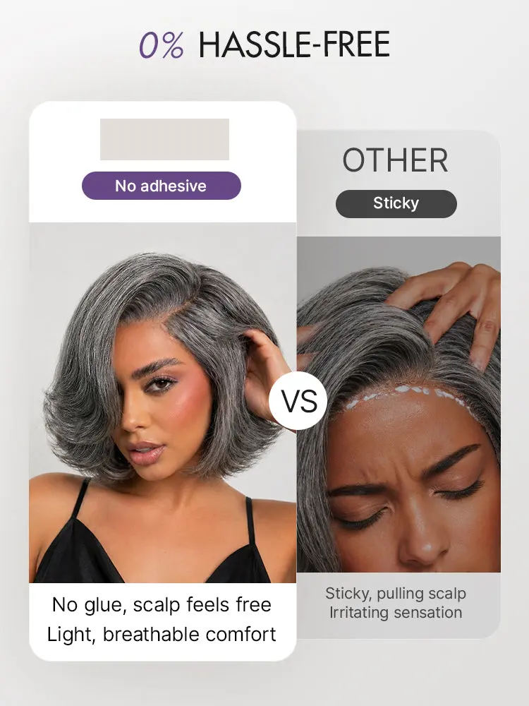 Boss Vibe Salt & Pepper Layered Bob Glueless Pre-Cut Minimalist Lace Grey Wig-52
