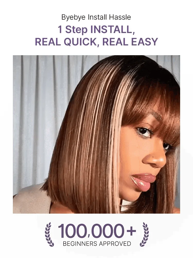 Beginner Friendly Honey Blonde Highlight Yaki Blunt Cut Bob Glueless Minimalist Lace Bob Wig with Bangs-17