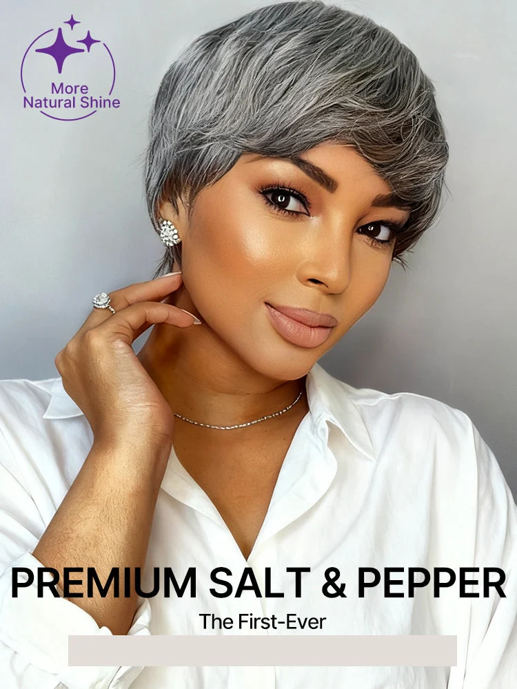 New Customers Only | Throw On & Go Salt & Pepper Short Pixie Cut Glueless Wig with Bangs 100% Human Hair Ultra Comfort Cotton Cap Hair Loss Friendly-09